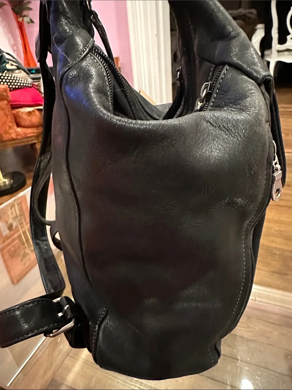 Tignanello Convertible Black Leather Backpack / Sling with Silver Hardware